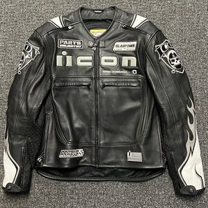 ICON Rare "Crest" Black/White Leather Motorcycle Jacket w/Full Padding Large